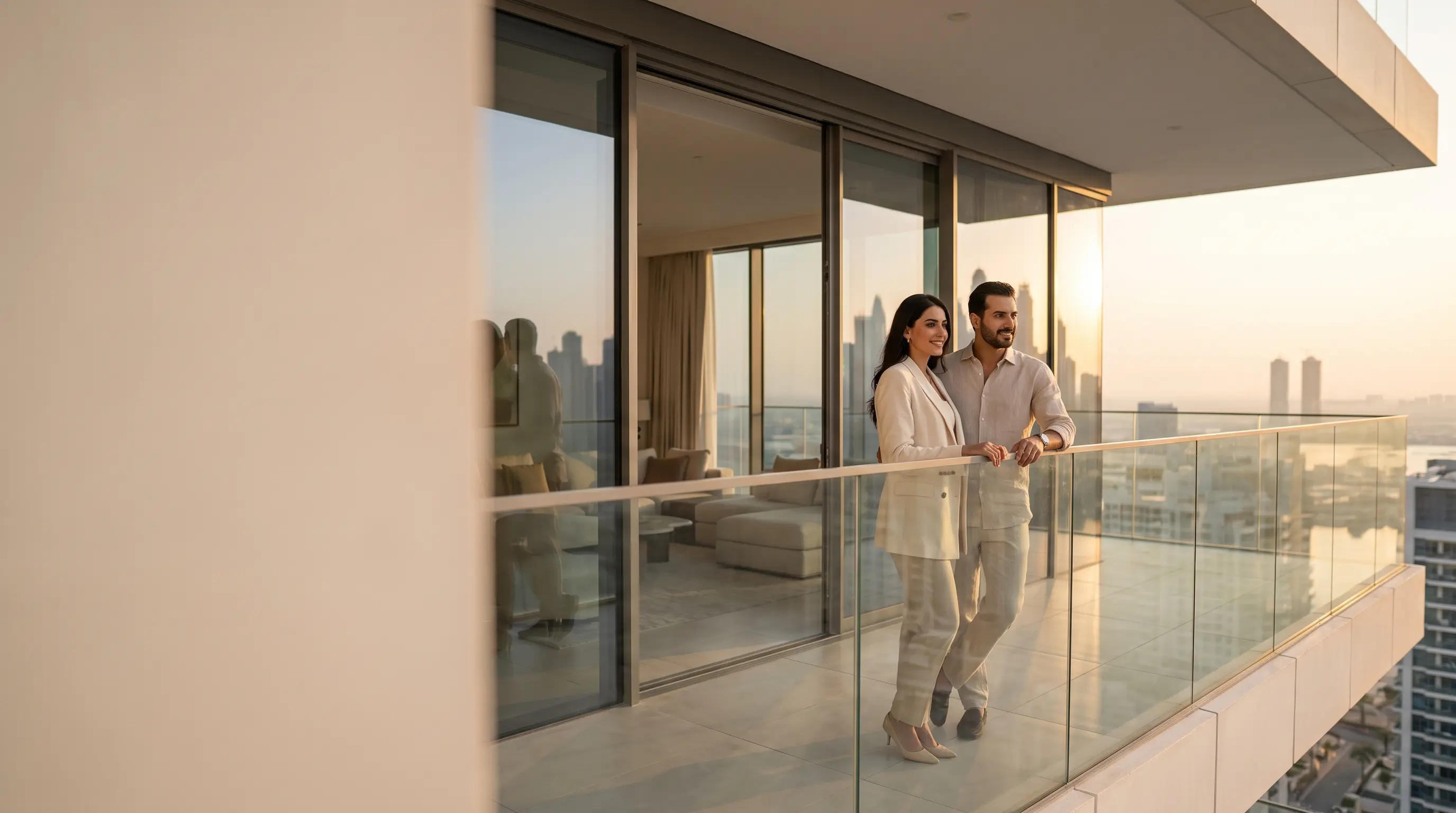 Couple on a Dubai balcony overlooking the skyline at sunset